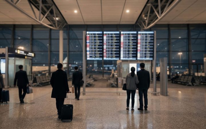 Illustration: Editorial photograph showing international departure gates at a modern airport terminal with travellers checking flight boards listing f
