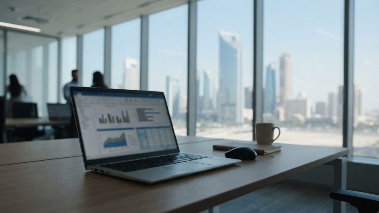 Illustration: A clean, modern corporate office desk in the United Arab Emirates with a laptop displaying business accounting graphs and digital data s