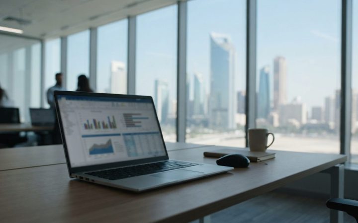 Illustration: A clean, modern corporate office desk in the United Arab Emirates with a laptop displaying business accounting graphs and digital data s