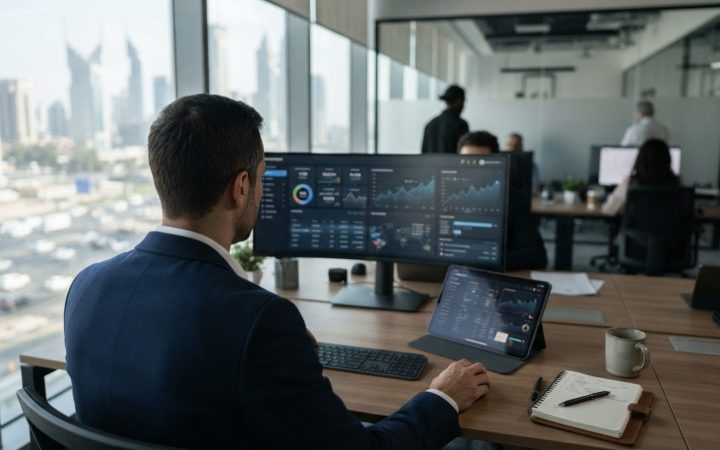 Illustration: An office desk setting in Dubai featuring modern digital financial screens, digital tablet, accounting software dashboard, and office st