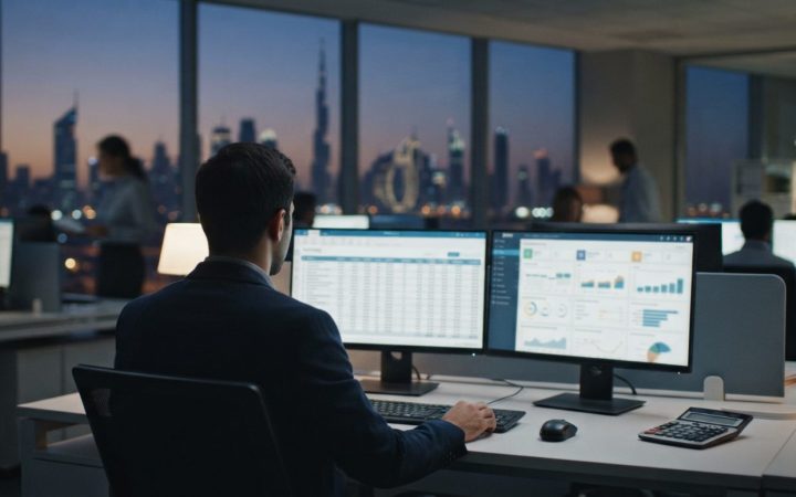 Illustration: A modern corporate accounting office in Dubai with dual monitor screens showing structured invoicing spreadsheets and enterprise softwar