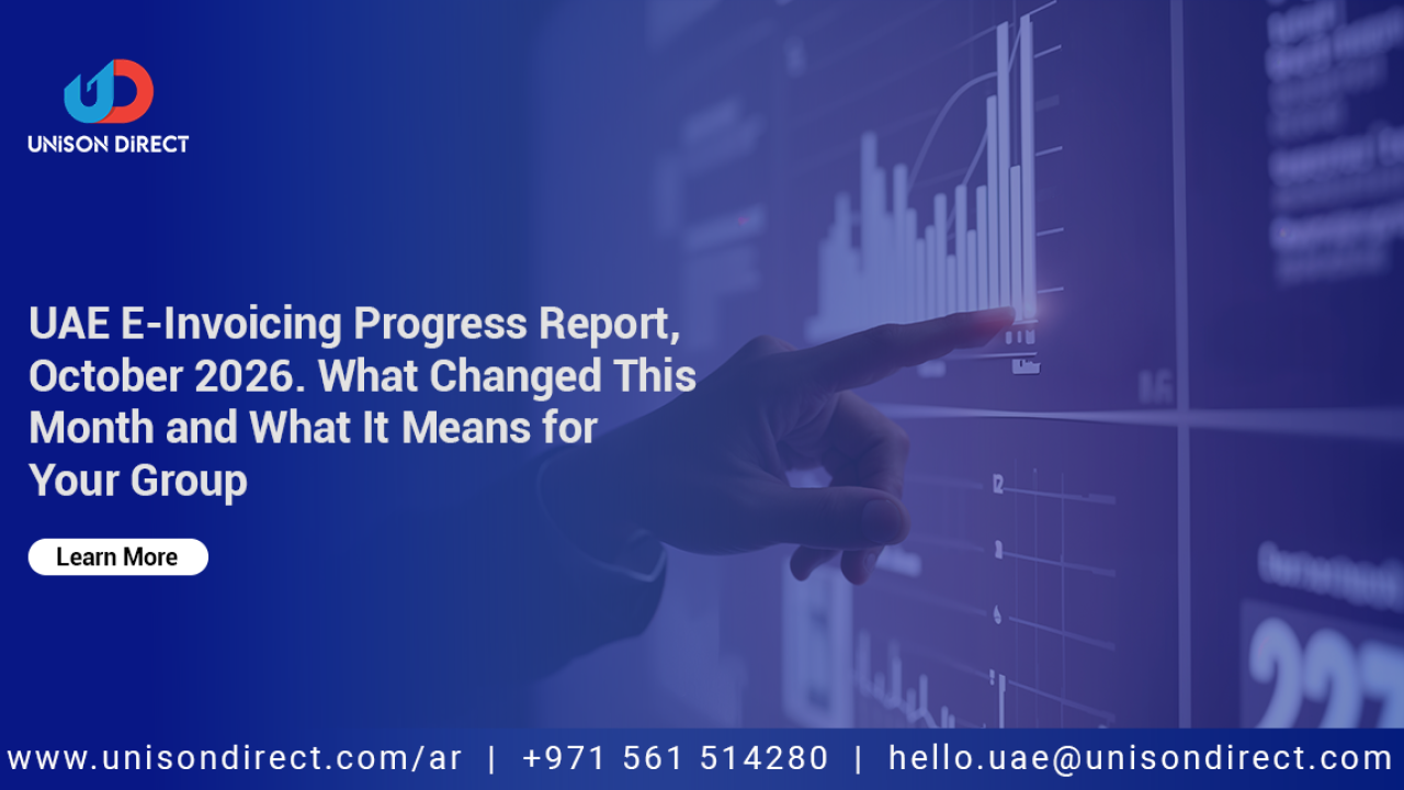 Promotional graphic for UAE E-Invoicing Progress Report with contact details and digital dashboard background