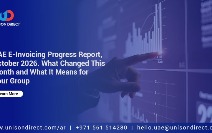 Promotional graphic for UAE E-Invoicing Progress Report with contact details and digital dashboard background