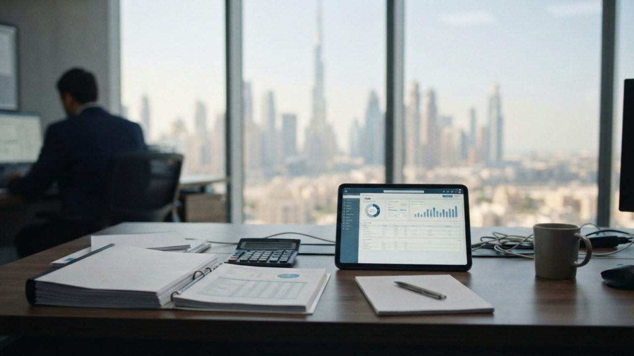 Illustration: A modern corporate office desk in Dubai with financial reports, a digital tablet displaying tax software interfaces, and a calculator, s