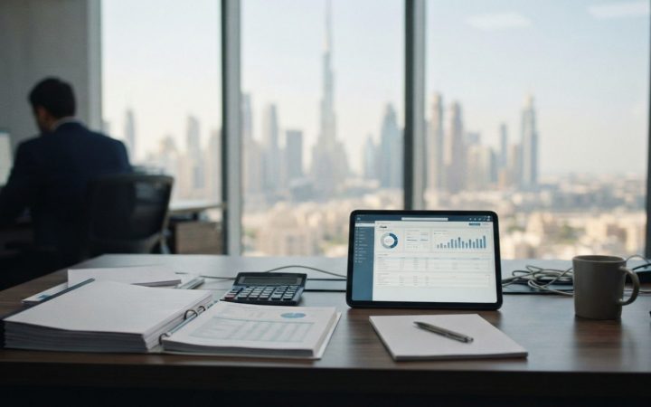 Illustration: A modern corporate office desk in Dubai with financial reports, a digital tablet displaying tax software interfaces, and a calculator, s