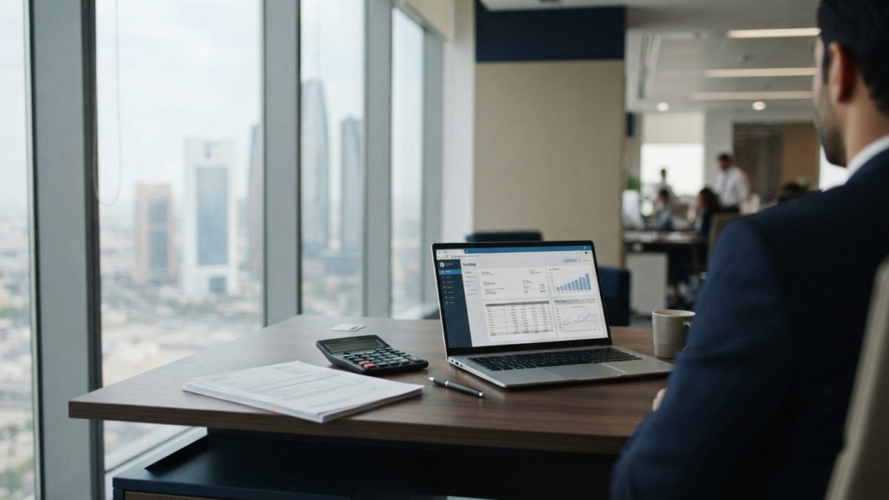 Illustration: A modern corporate office desk in Abu Dhabi featuring a laptop screen showing digital invoicing software interface, financial spreadshee
