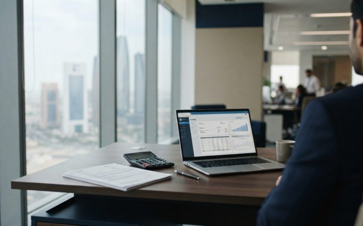 Illustration: A modern corporate office desk in Abu Dhabi featuring a laptop screen showing digital invoicing software interface, financial spreadshee