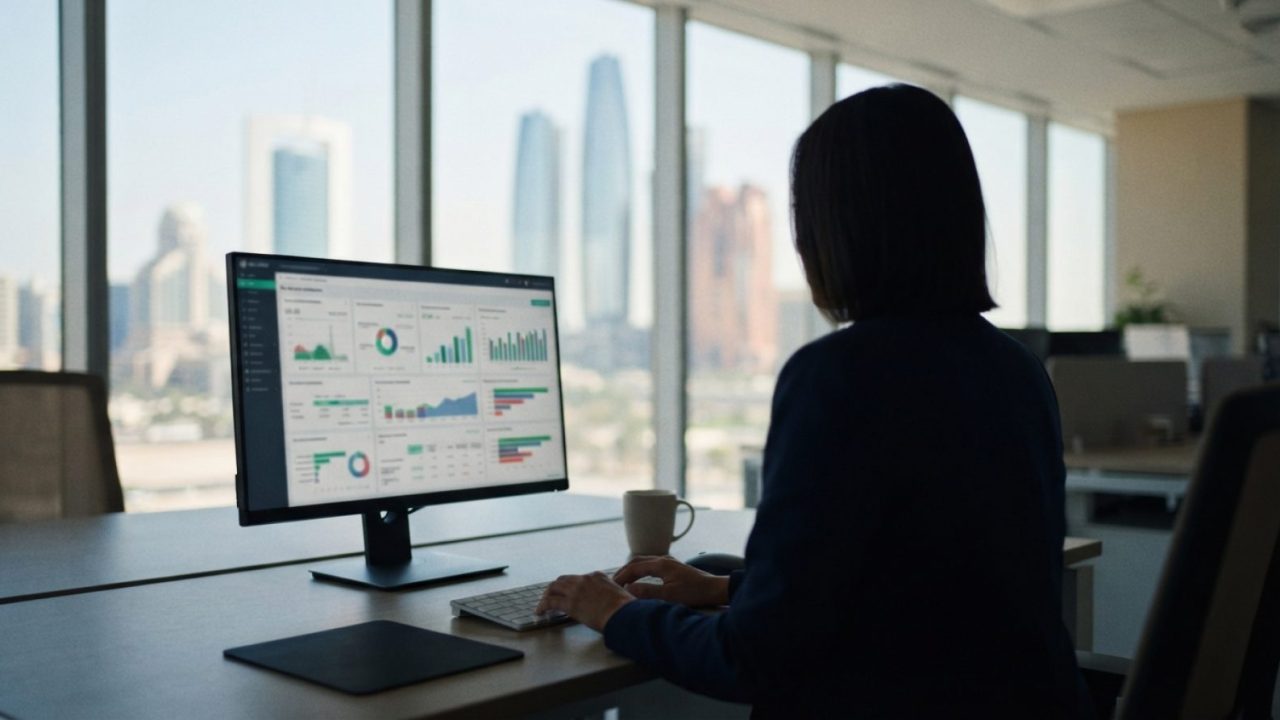 Illustration: A modern corporate office desk in Abu Dhabi with a high-definition monitor showing digital tax accounting dashboards and data workflows,