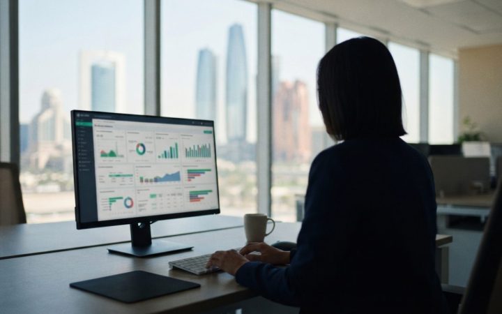 Illustration: A modern corporate office desk in Abu Dhabi with a high-definition monitor showing digital tax accounting dashboards and data workflows,