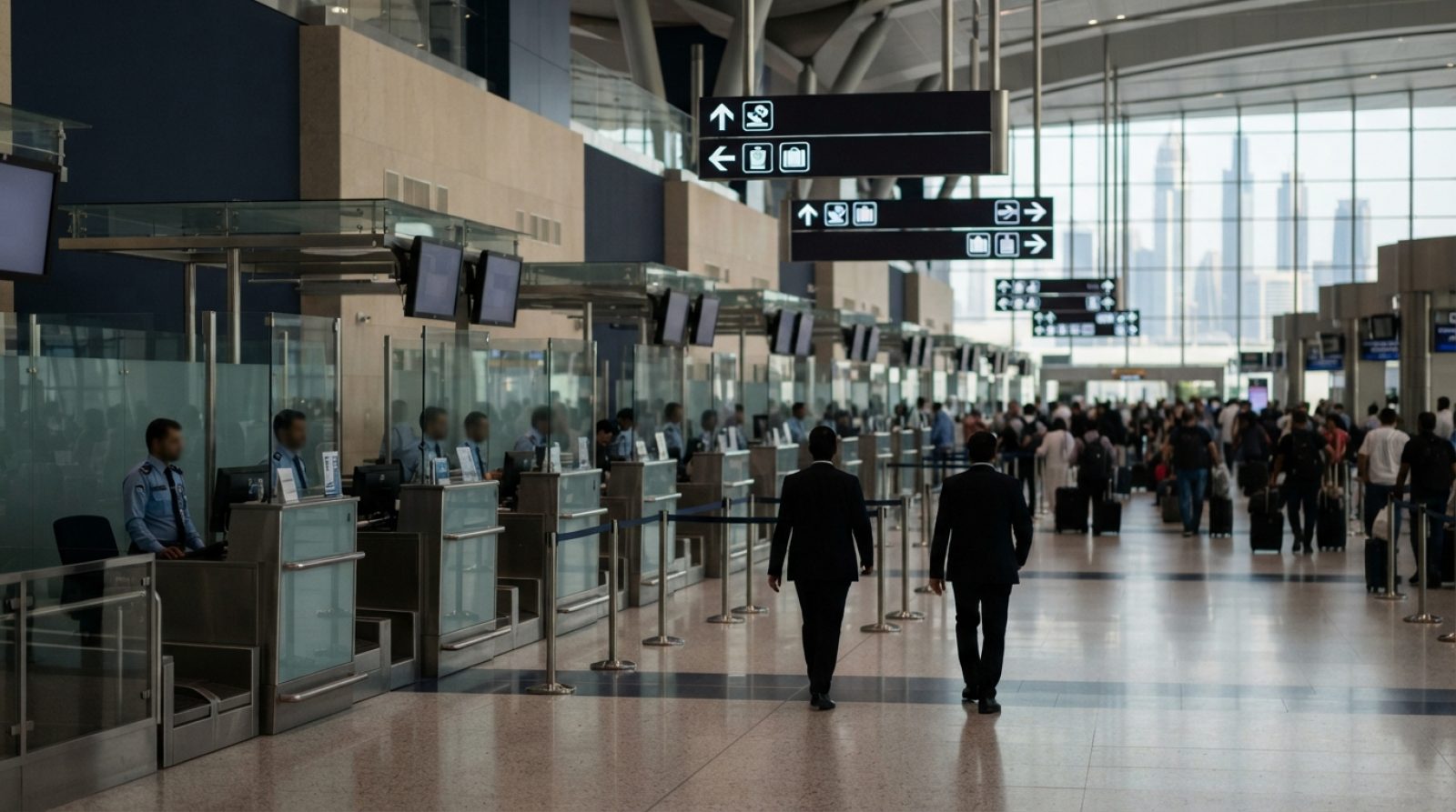 Illustration: An immigration and passport control hall at a modern international airport terminal in Dubai, with sleek glass counters, directional sig