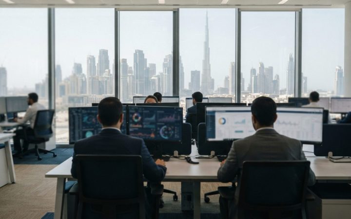 Illustration: Modern office interior in Dubai showing digital tax and financial accounting compliance on computer displays against a high-rise city wi