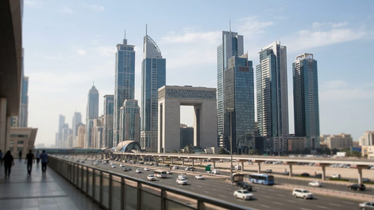 Illustration: Modern architectural view of the Dubai International Financial Centre skyline with glass high-rise towers under bright daytime light.