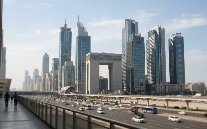 Illustration: Modern architectural view of the Dubai International Financial Centre skyline with glass high-rise towers under bright daytime light.