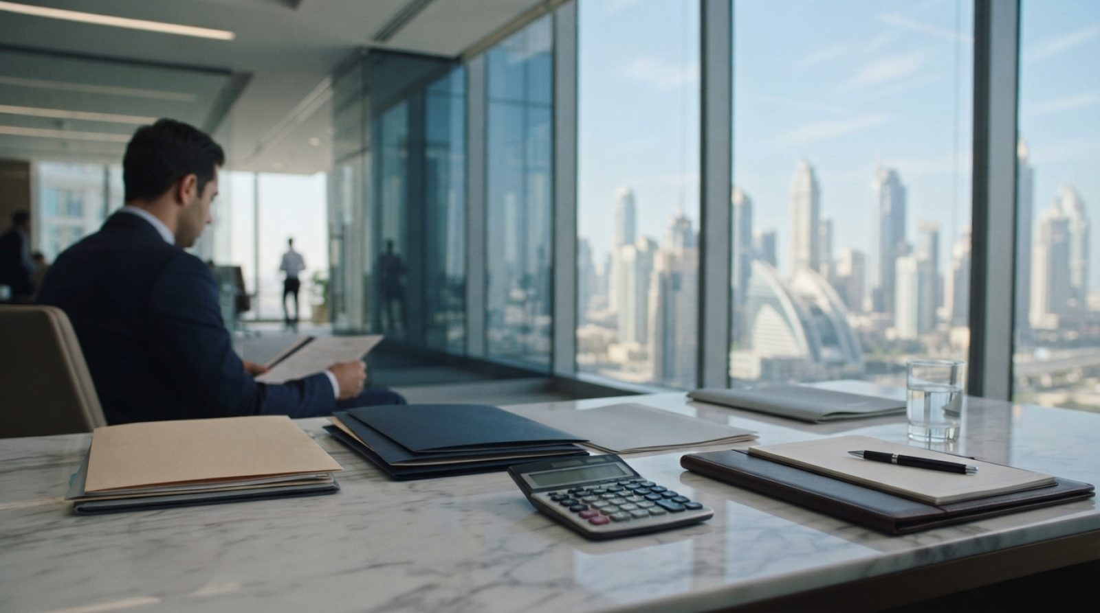 Illustration: A modern corporate office desk in a Dubai financial tower with folders, tax documents, and a calculator on a polished marble table, with