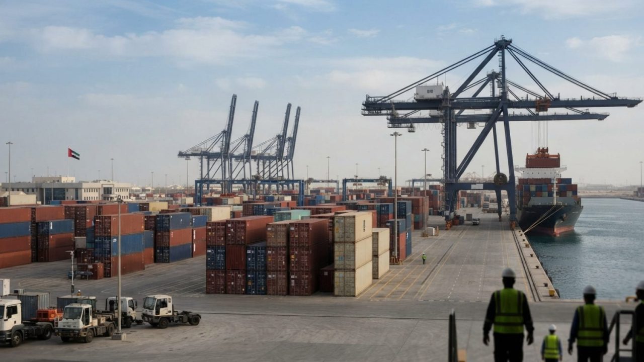 Illustration: A busy commercial container shipping port terminal in the United Arab Emirates with stacked multi-colored shipping containers and large