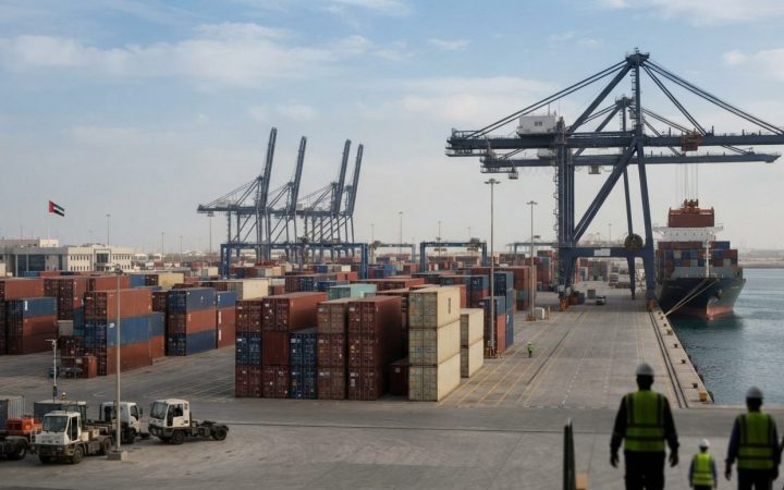Illustration: A busy commercial container shipping port terminal in the United Arab Emirates with stacked multi-colored shipping containers and large