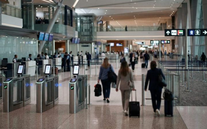 Passengers with luggage walking past smart gates inside a modern airport terminal
