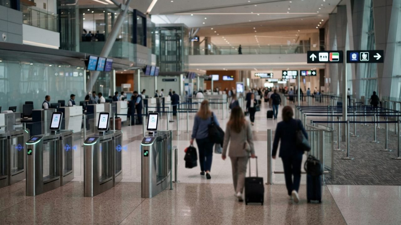 Illustration: Editorial photograph of a modern immigration and customs hall at an international airport in the UAE, showing automated e-gates, clear d