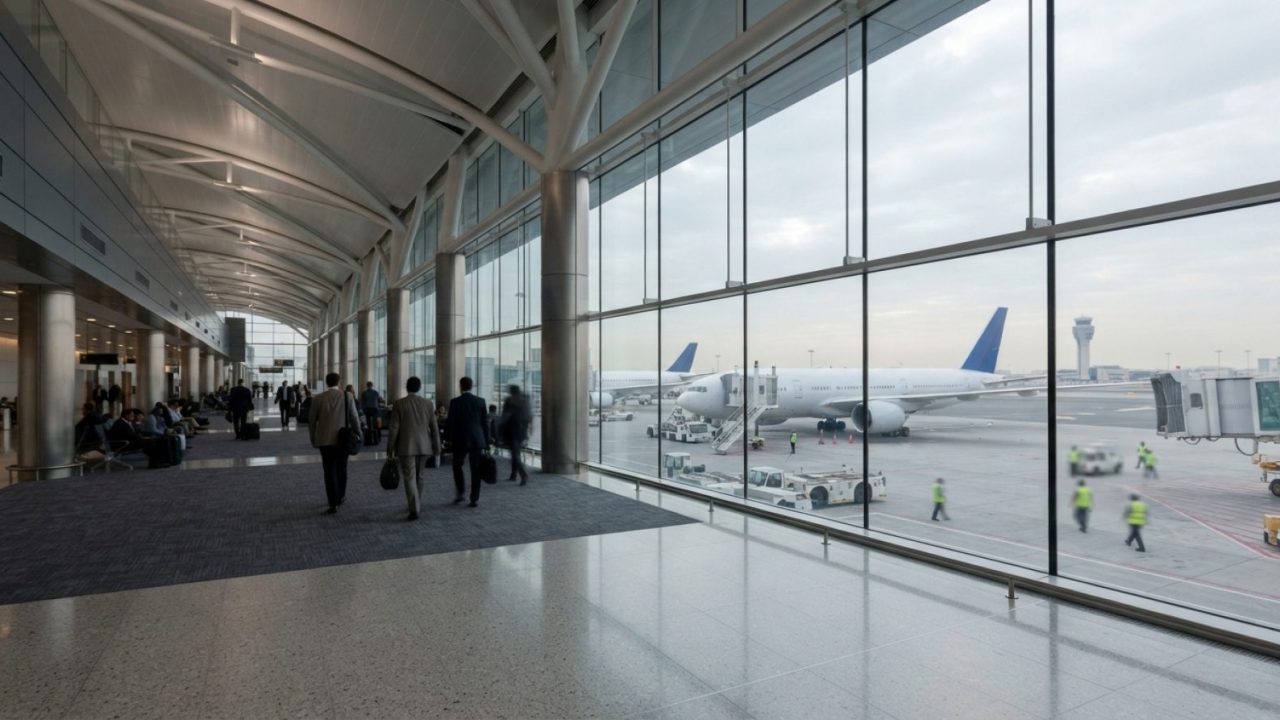 Illustration: Editorial documentary photo of a modern international airport terminal concourse in the Gulf region with grounded commercial passenger a