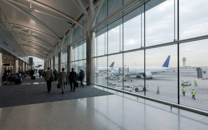 Illustration: Editorial documentary photo of a modern international airport terminal concourse in the Gulf region with grounded commercial passenger a