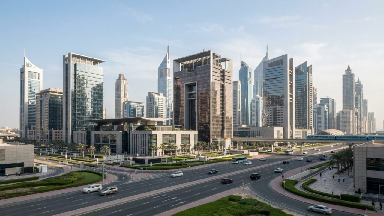 Illustration: A wide editorial view of modern financial district skyscrapers in Dubai during bright daylight, showcasing sleek steel and glass commerc