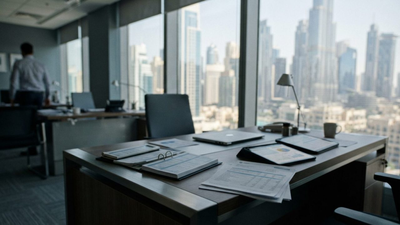 Illustration: A modern commercial accounting office desk in Dubai with financial ledgers, tax calculation paperwork, and digital tablets, set against