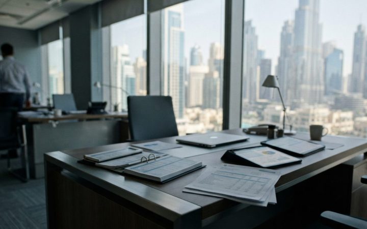 Illustration: A modern commercial accounting office desk in Dubai with financial ledgers, tax calculation paperwork, and digital tablets, set against