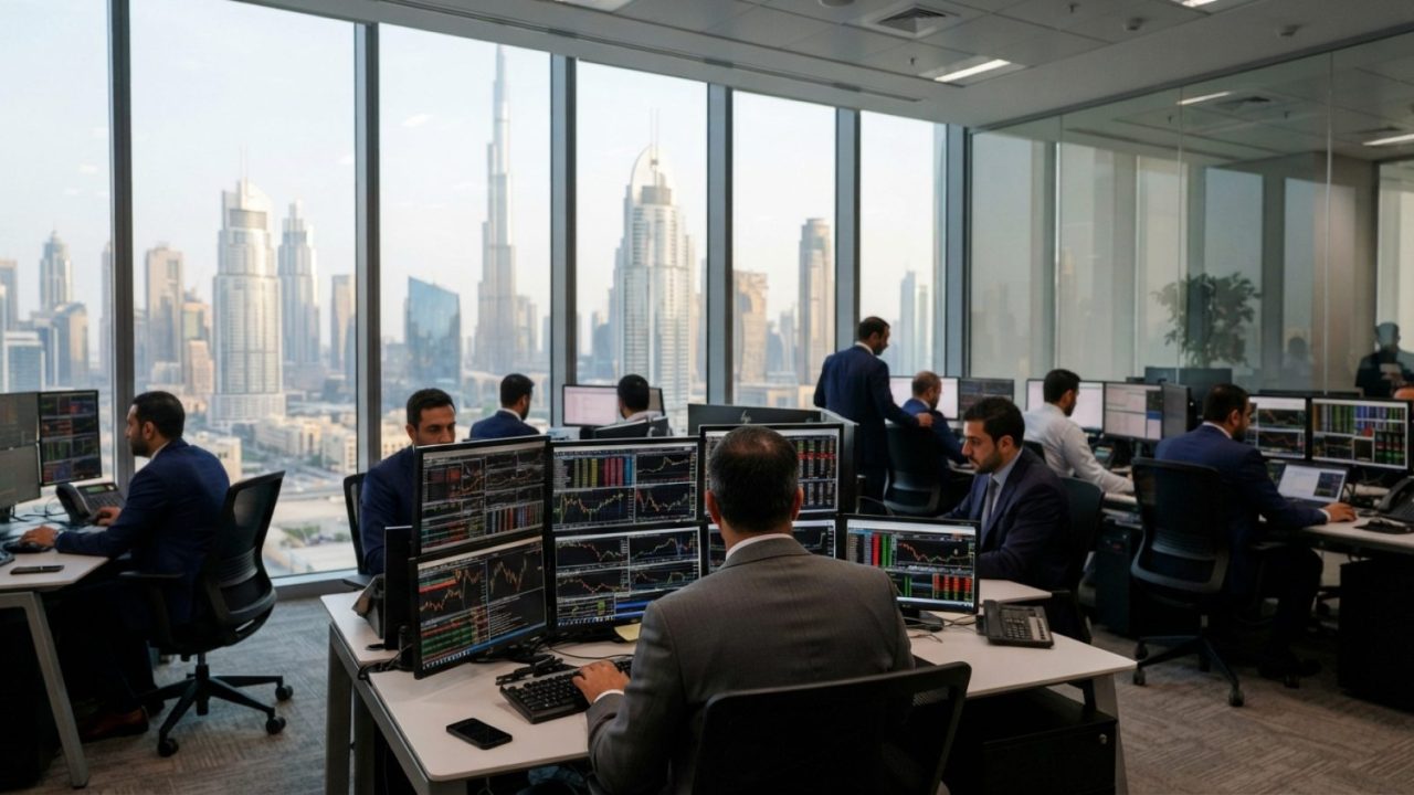 Illustration: Modern financial district office interior in Dubai showing digital trading screens displaying financial charts and regulatory compliance