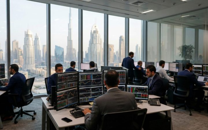 Illustration: Modern financial district office interior in Dubai showing digital trading screens displaying financial charts and regulatory compliance