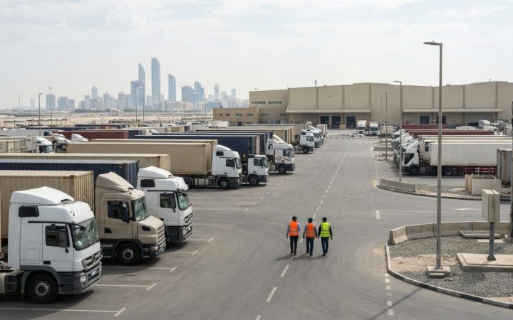 Illustration: A modern commercial freight and logistics transport depot in the United Arab Emirates with heavy commercial transport trucks parked in a