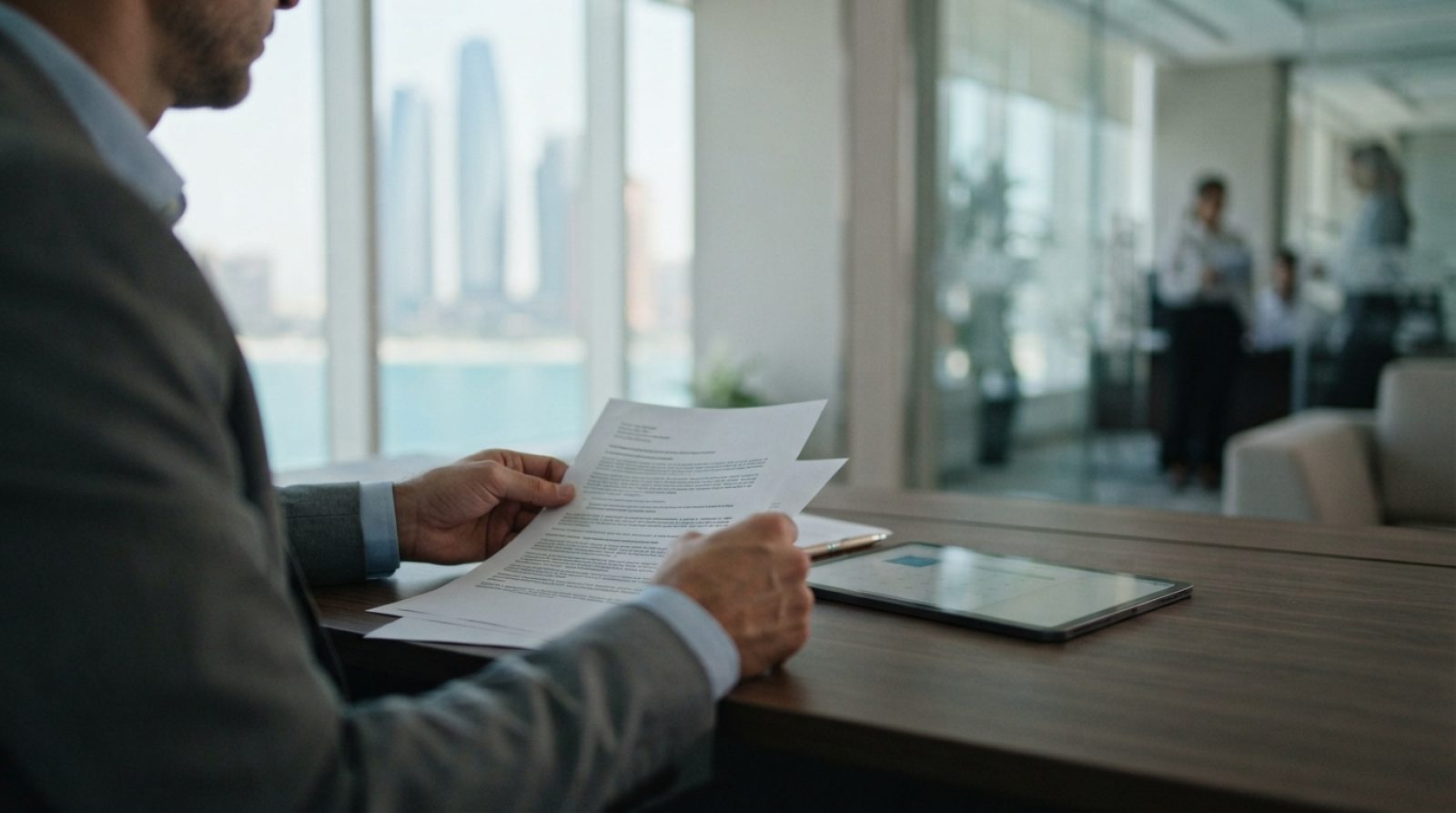 Illustration: A modern office desk in Abu Dhabi with an adult reviewing paper employment documents alongside a tablet computer, bright interior light