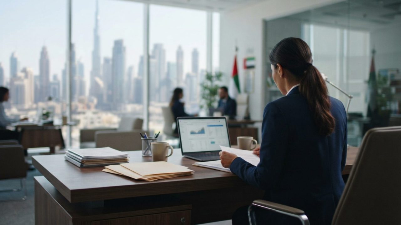 Illustration: A modern corporate human resources office in Dubai with business documents, legal folders, and a laptop on an executive wooden desk agai
