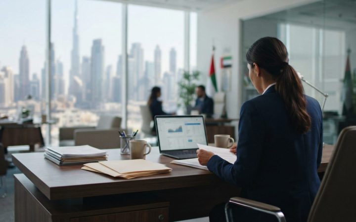 Illustration: A modern corporate human resources office in Dubai with business documents, legal folders, and a laptop on an executive wooden desk agai