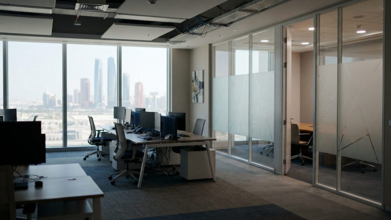 Illustration: A modern, bright corporate office interior in the United Arab Emirates with frosted glass meeting room dividers and ambient daylight, wi
