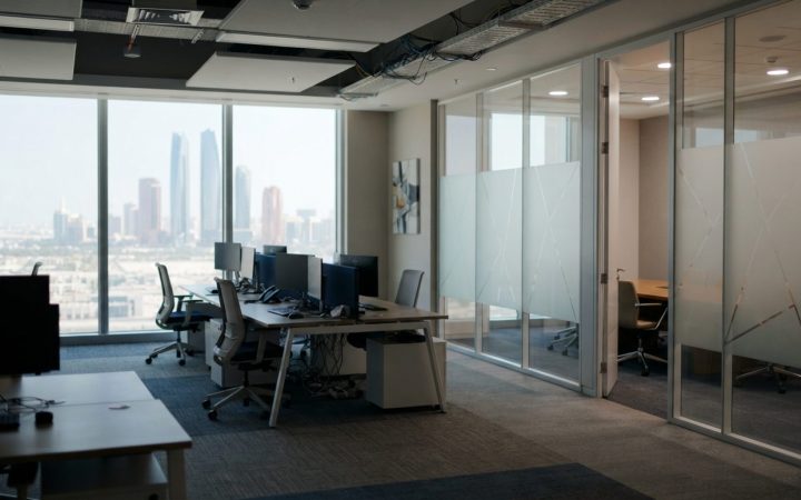 Illustration: A modern, bright corporate office interior in the United Arab Emirates with frosted glass meeting room dividers and ambient daylight, wi