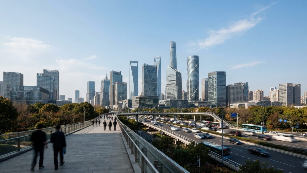 Illustration: A modern architectural view of Shanghai's technological and business district skyline under a clear blue sky, showing futuristic high-ri
