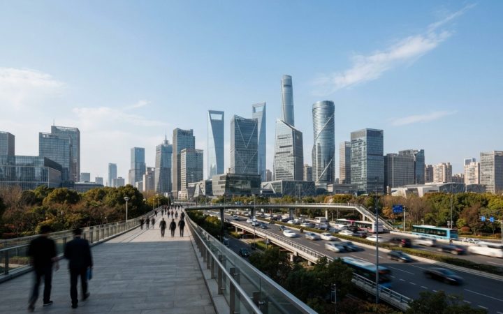 插图：湛蓝晴空下上海科技与商务区天际线的现代建筑景观，展现极具未来感的高层建筑
