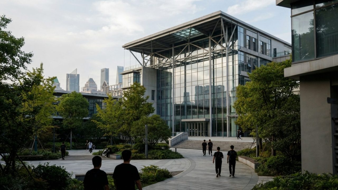 Illustration: A modern university and research campus building in Shanghai with sleek contemporary architecture, glass facade, and landscaped green co