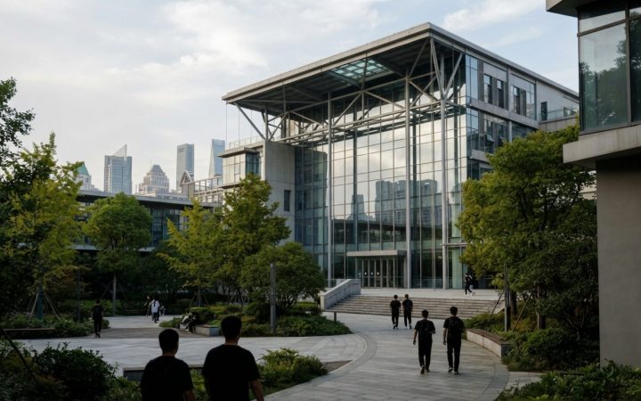 插图：上海的一处现代化大学与科研园区建筑，具有线条流畅的当代建筑设计、玻璃幕墙及绿化景观庭院