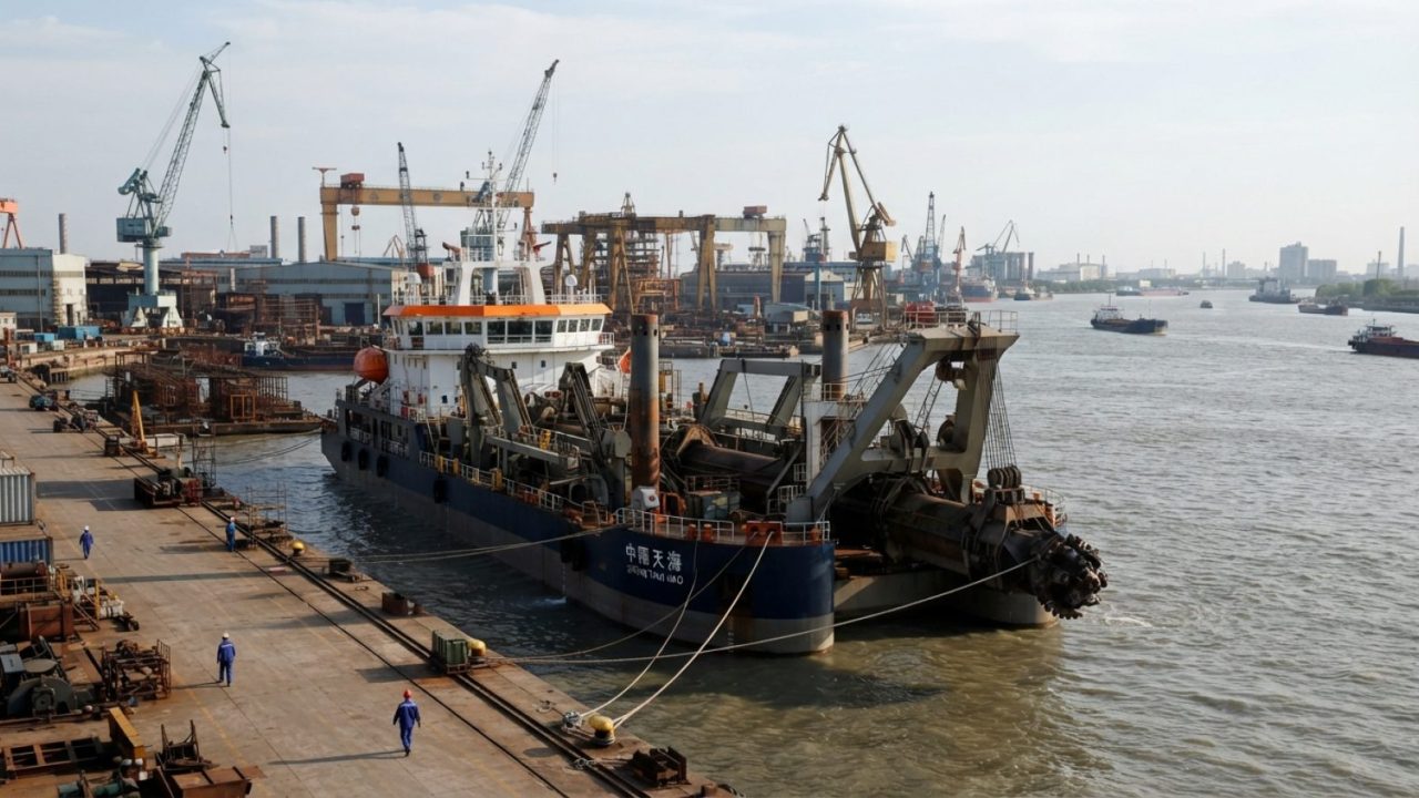 Illustration: A large modern heavy-duty cutter suction dredger vessel berthed at a busy industrial shipyard quay along the Yangtze River in Nantong, s