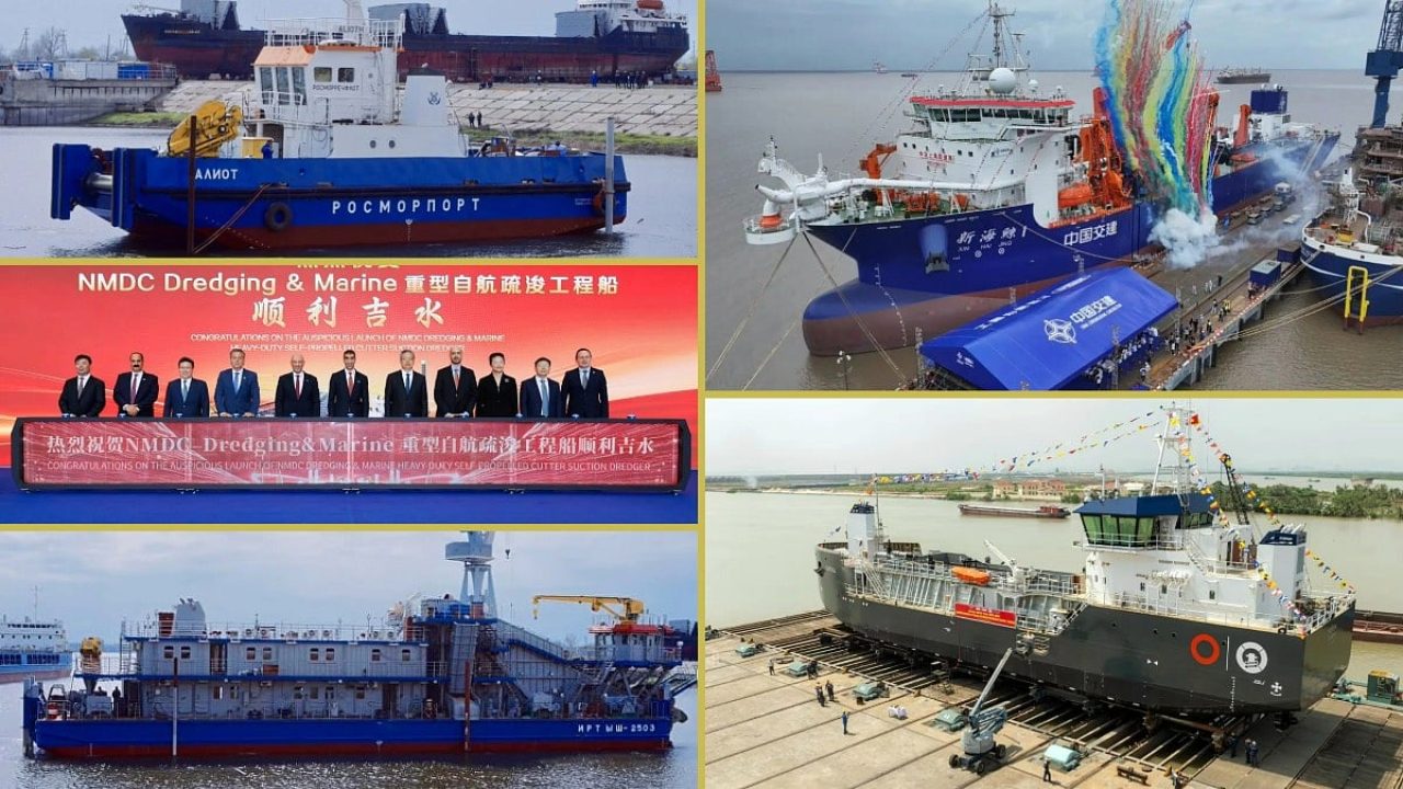 Collage of NMDC Dredging and Marine vessel launch ceremony and marine engineering ships