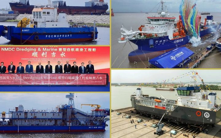Collage of NMDC Dredging and Marine vessel launch ceremony and marine engineering ships