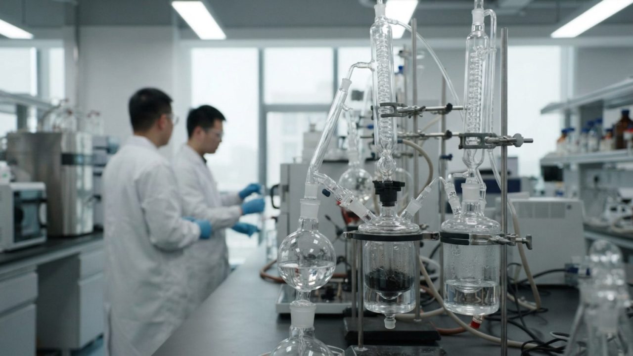 Illustration: Laboratory glassware with transparent water solutions and catalytic materials under bright LED visible lighting inside a modern clean-en