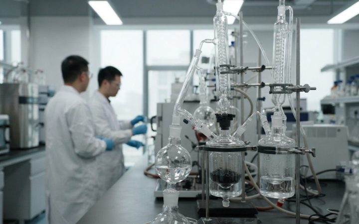Illustration: Laboratory glassware with transparent water solutions and catalytic materials under bright LED visible lighting inside a modern clean-en