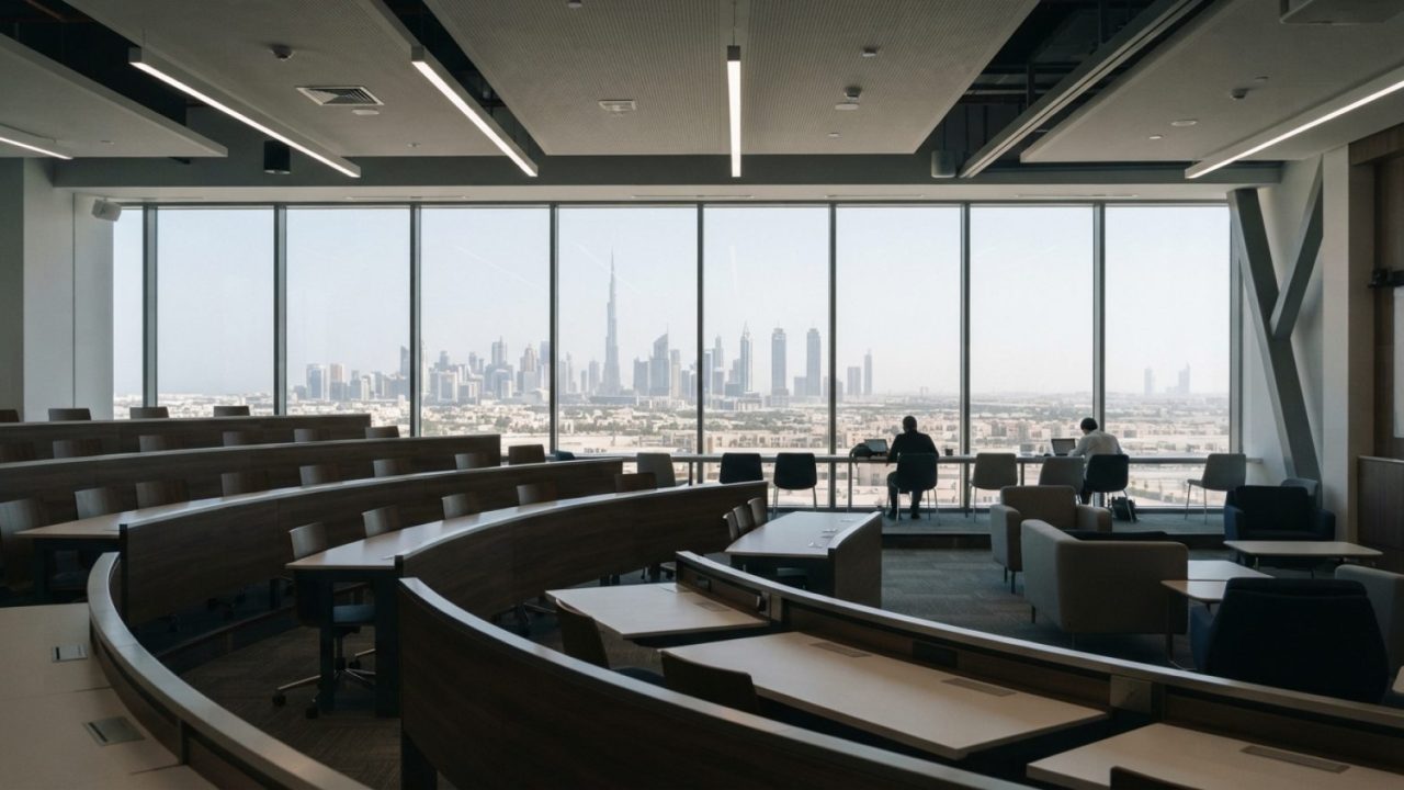 Illustration: Editorial photograph of a contemporary university lecture theatre and executive study lounge in Dubai Healthcare City, featuring floor-t