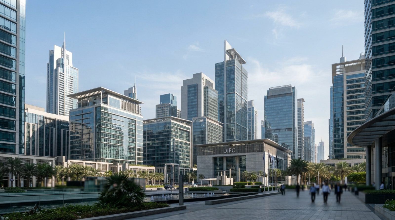 Illustration: Editorial photograph of modern glass office high-rises and private banking headquarters in Dubai's international financial district unde