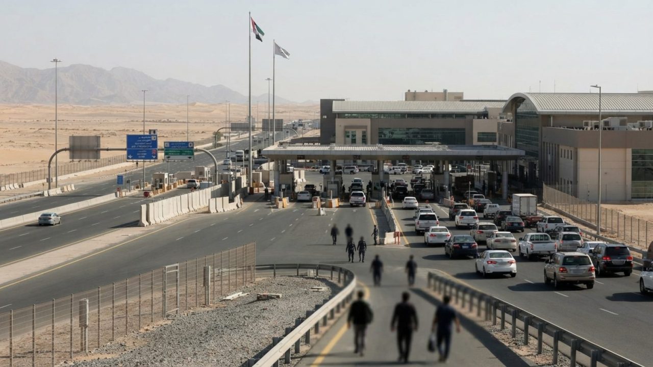Illustration: A wide editorial view of an international border terminal and desert highway checkpoint under bright daylight, with security barriers an