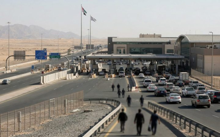 Illustration: A wide editorial view of an international border terminal and desert highway checkpoint under bright daylight, with security barriers an