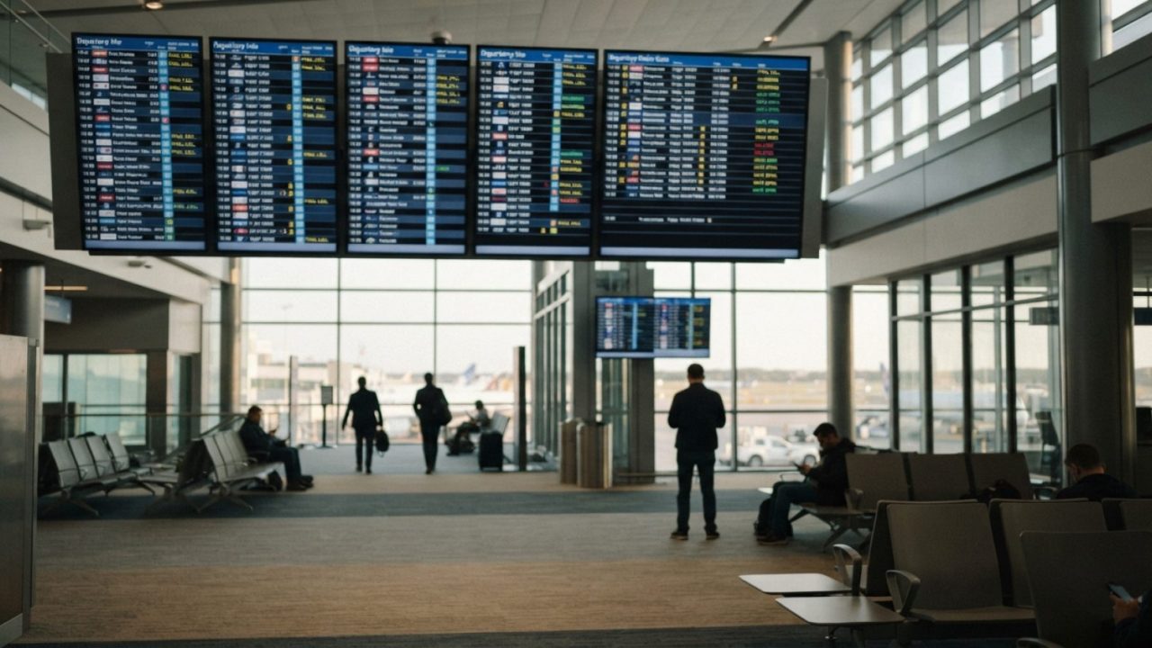 Illustration: Editorial photo of modern airport flight departures screens displaying flight updates and gate notices in a spacious airport terminal co