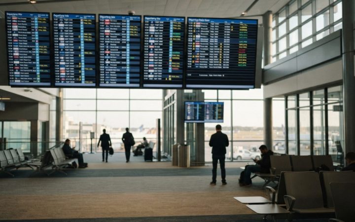 Illustration: Editorial photo of modern airport flight departures screens displaying flight updates and gate notices in a spacious airport terminal co